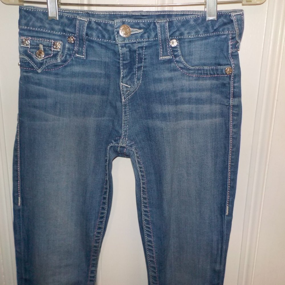 SIZE 26  TRUE RELIGION  BRAND JEANS  WORLD TOUR  BLUE  SKINNY JEANS  WITH  PINK